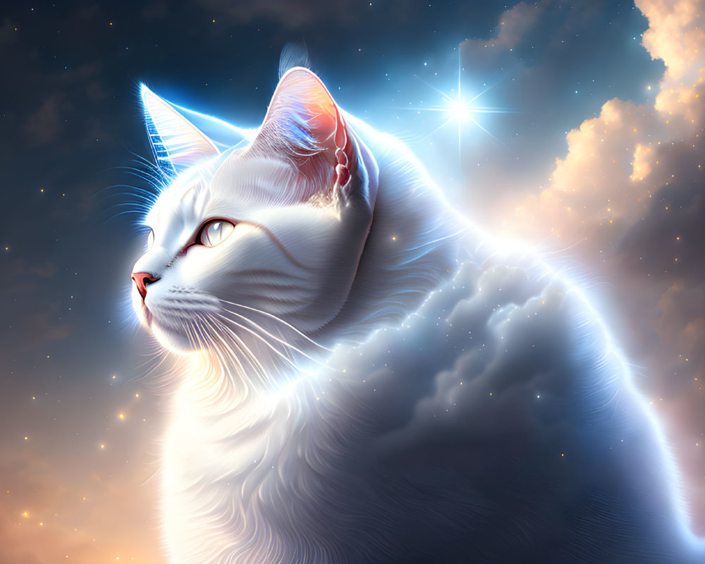 White Cat with Glowing Outline in Cosmic Setting