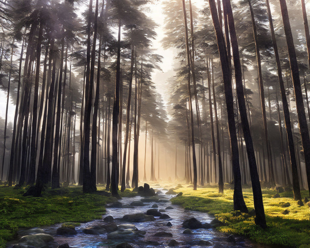 Tranquil forest with sunlight, moss, and stream