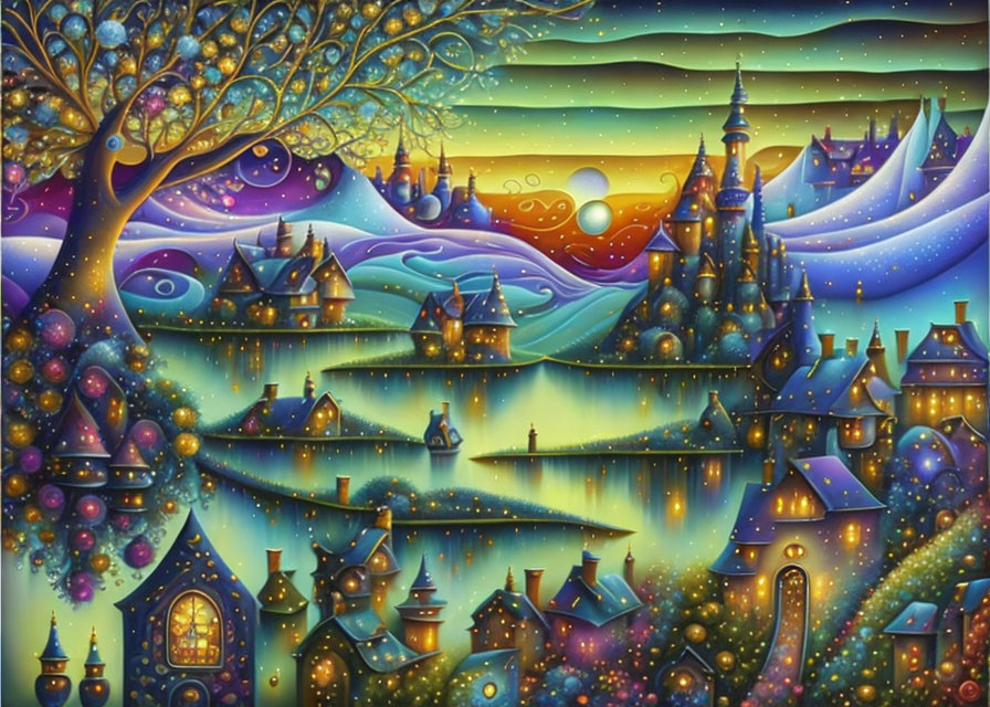 Colorful painting of magical village under starry night sky