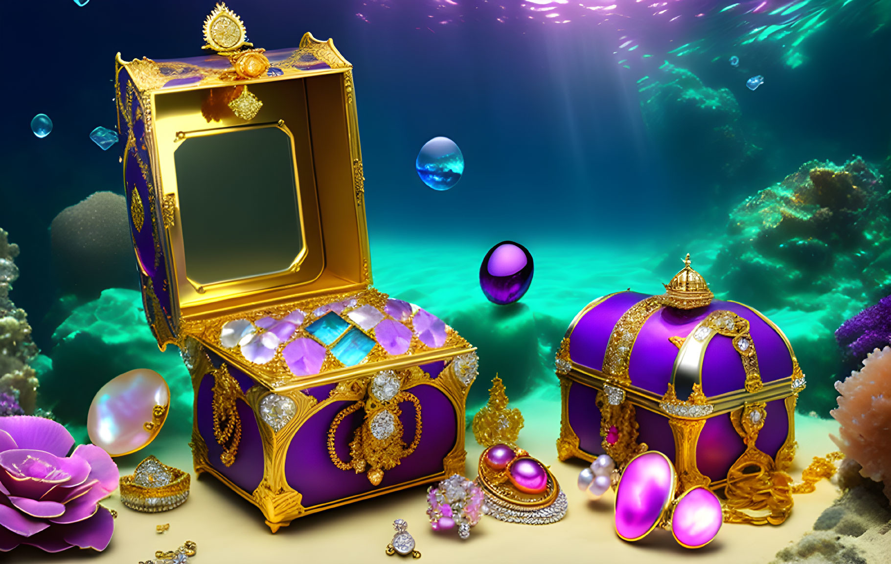 Ornate treasure chest and jewels underwater with bubbles and coral