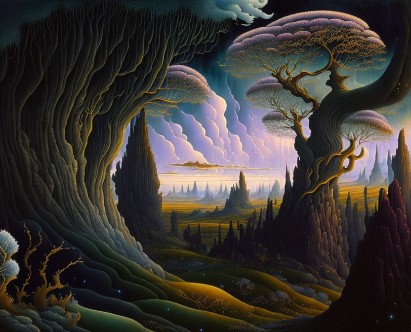 Vivid surreal landscape painting with tree-lined cliffs and intricate cloud formations