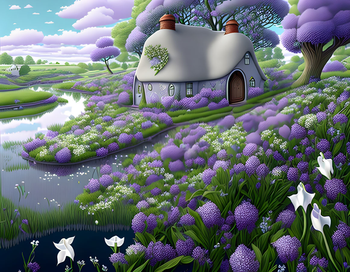 Tranquil countryside landscape with cottage, purple trees, flowers, and river