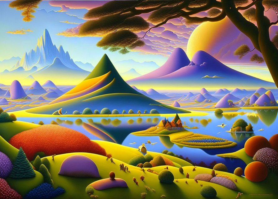 Colorful surreal landscape with rolling hills, rivers, trees, and oversized sun.