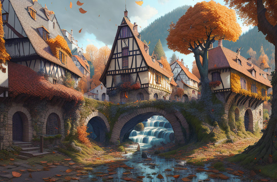 Medieval village with half-timbered houses, stone bridge, and autumn foliage