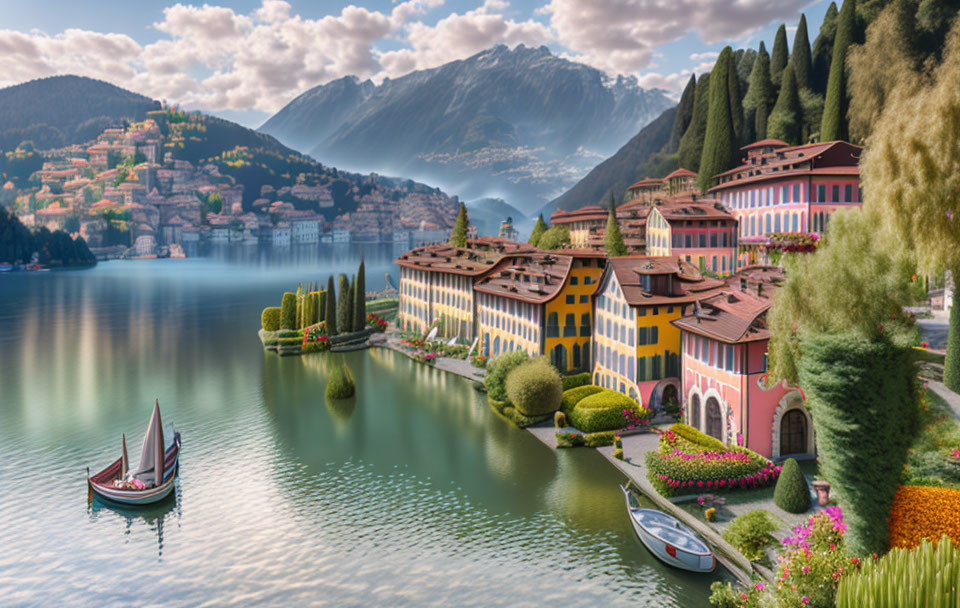 Vibrant buildings by lake with mountain backdrop, boats, and greenery