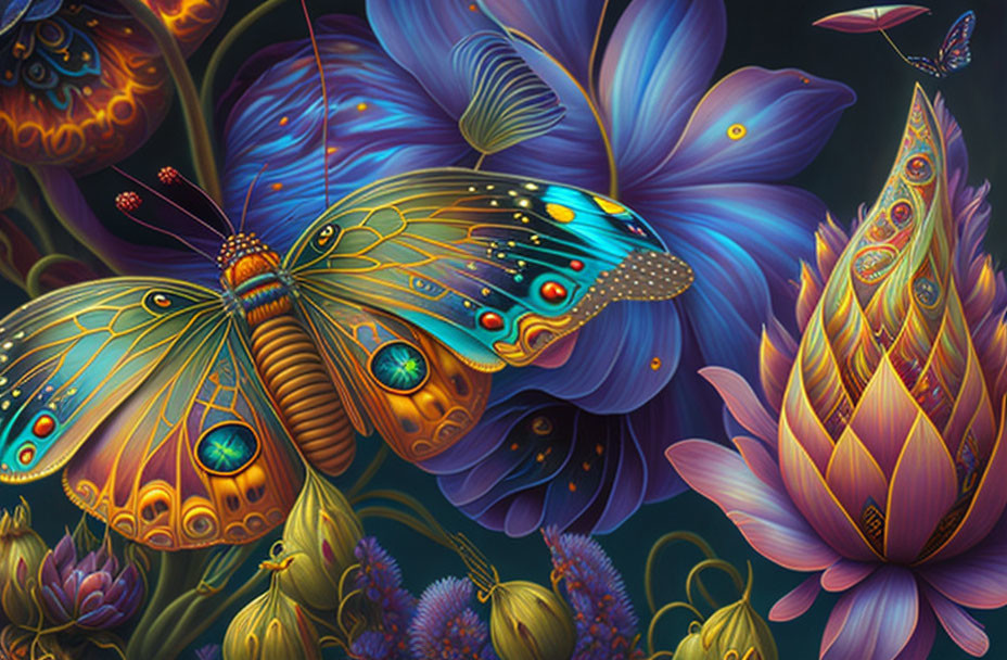 Colorful digital artwork: Stylized butterflies with intricate patterns, set in a fantastical floral scene