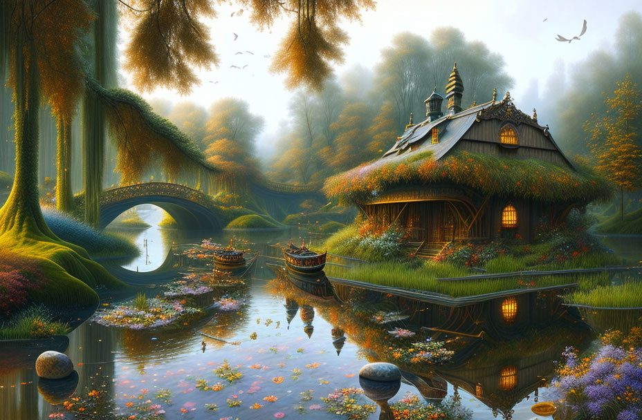 Serene fantasy landscape with thatched cottage, pond, flowers, stone bridge, boats, and lum
