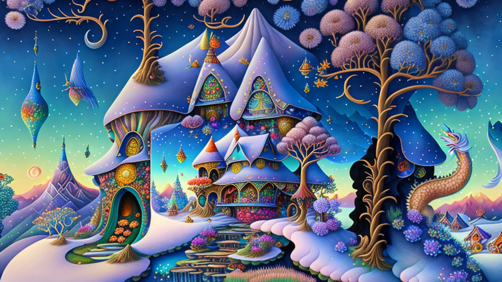 Whimsical fantasy landscape with vibrant colors and intricate details