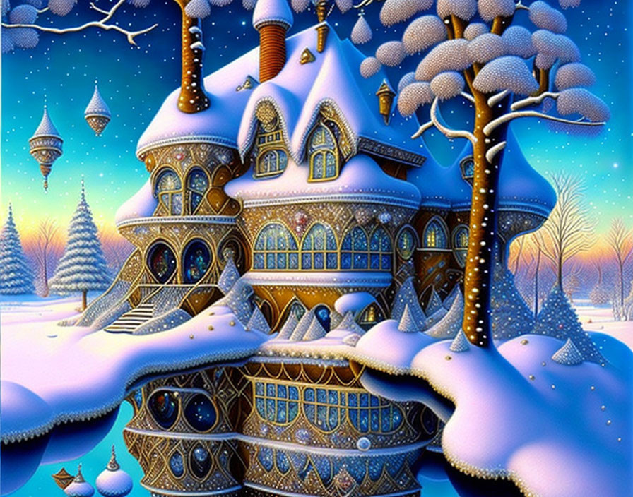Whimsical snow-covered house in frosty winter scene