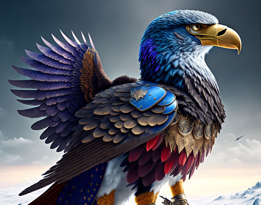 Vibrant blue and gold eagle with shield and star in cloudy sky