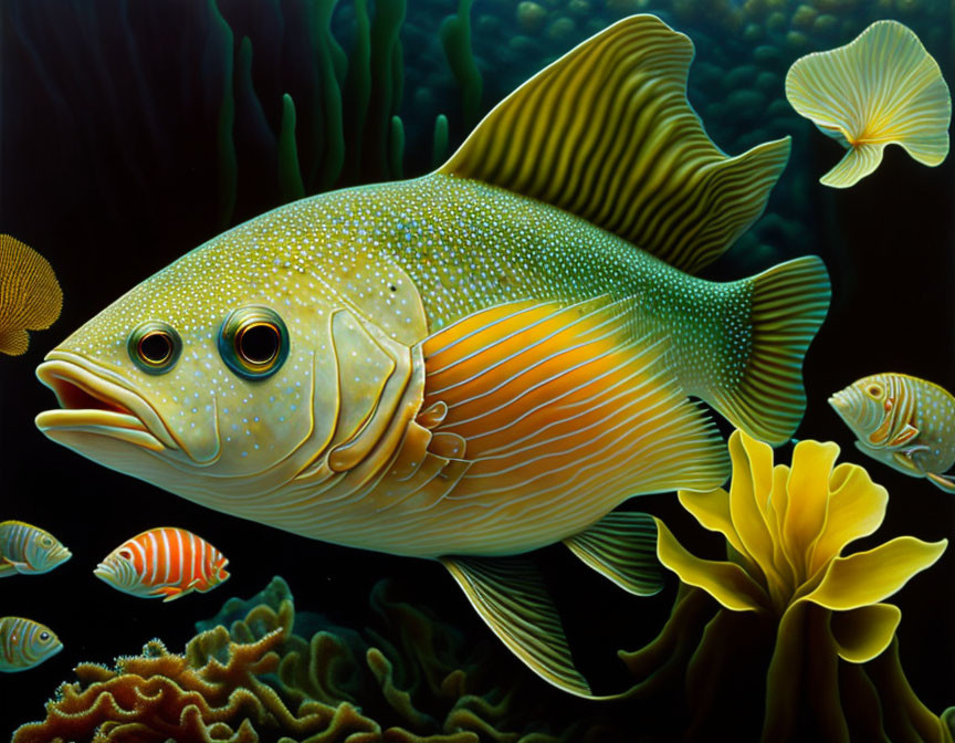 Vibrant fish illustration with striped fins in colorful underwater scene