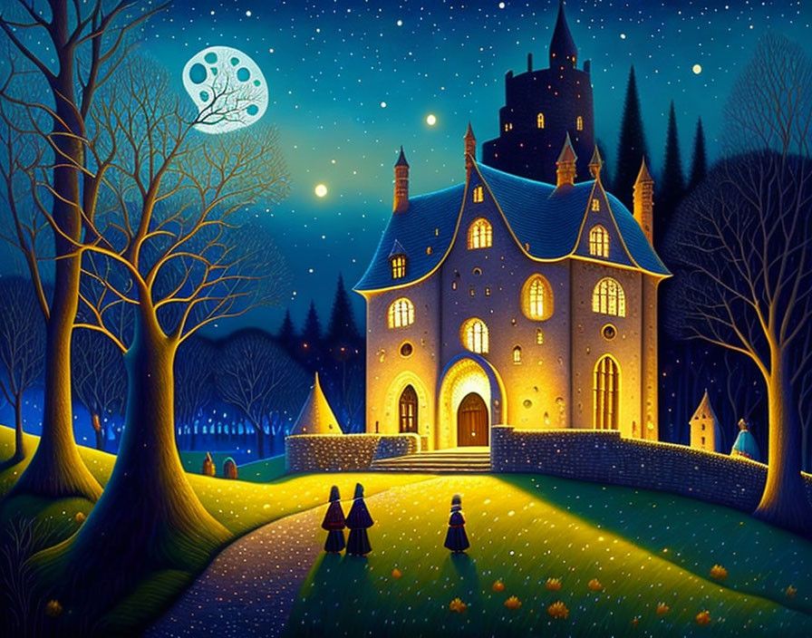 Illustrated night scene with figures, lit castle, starry skies, full moon, trees, and
