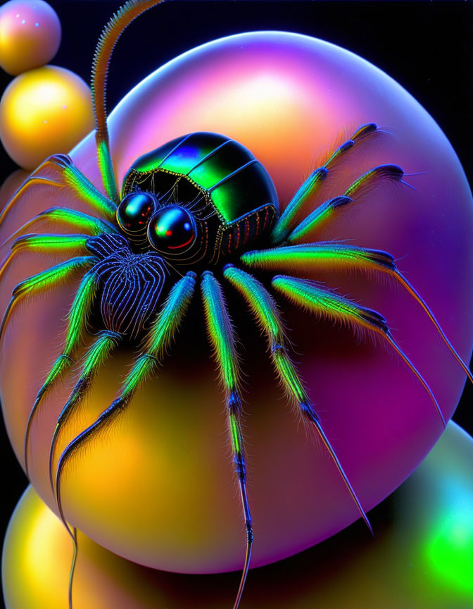 Vibrant surreal spider illustration with geometric body on glowing orb