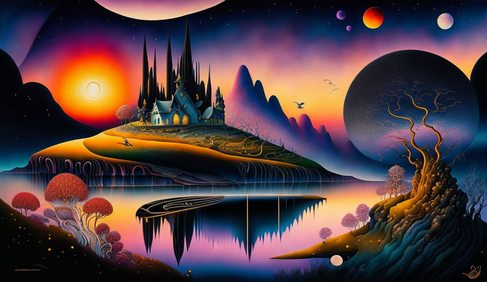 Surrealistisch landschap met onbekende planeten.
