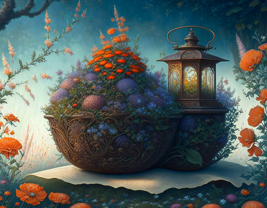 Bronze basket with purple and orange flowers next to ornate lantern in mystical garden