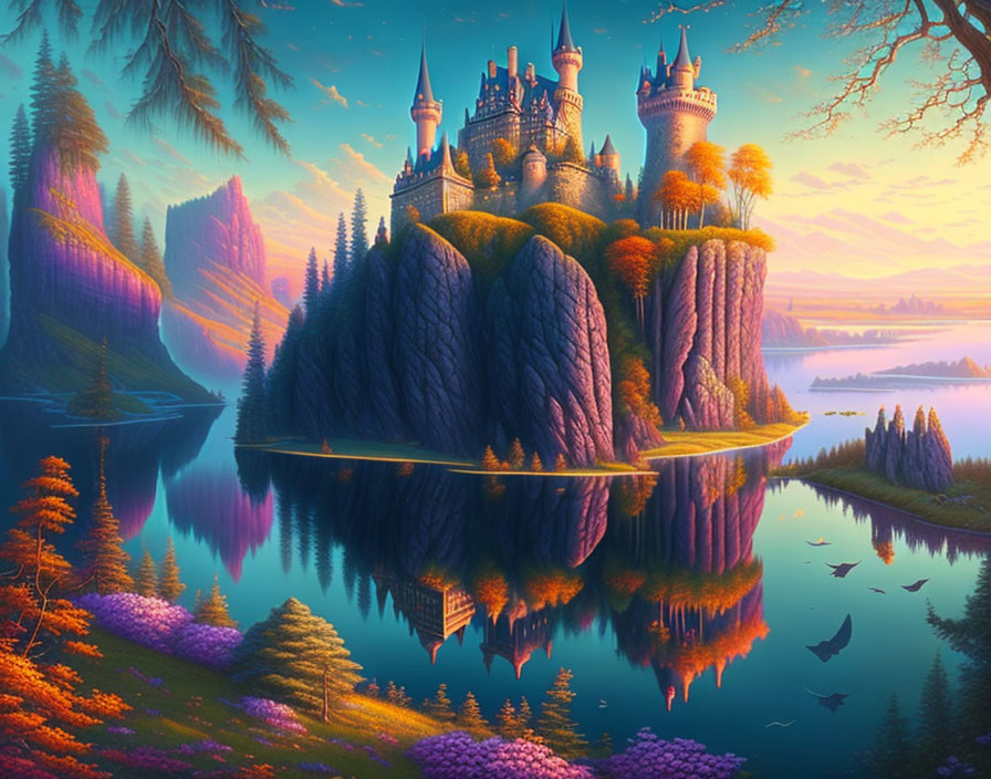 Fantastical castle on cliff islands surrounded by water, lush forests, vibrant sunset sky, birds flying