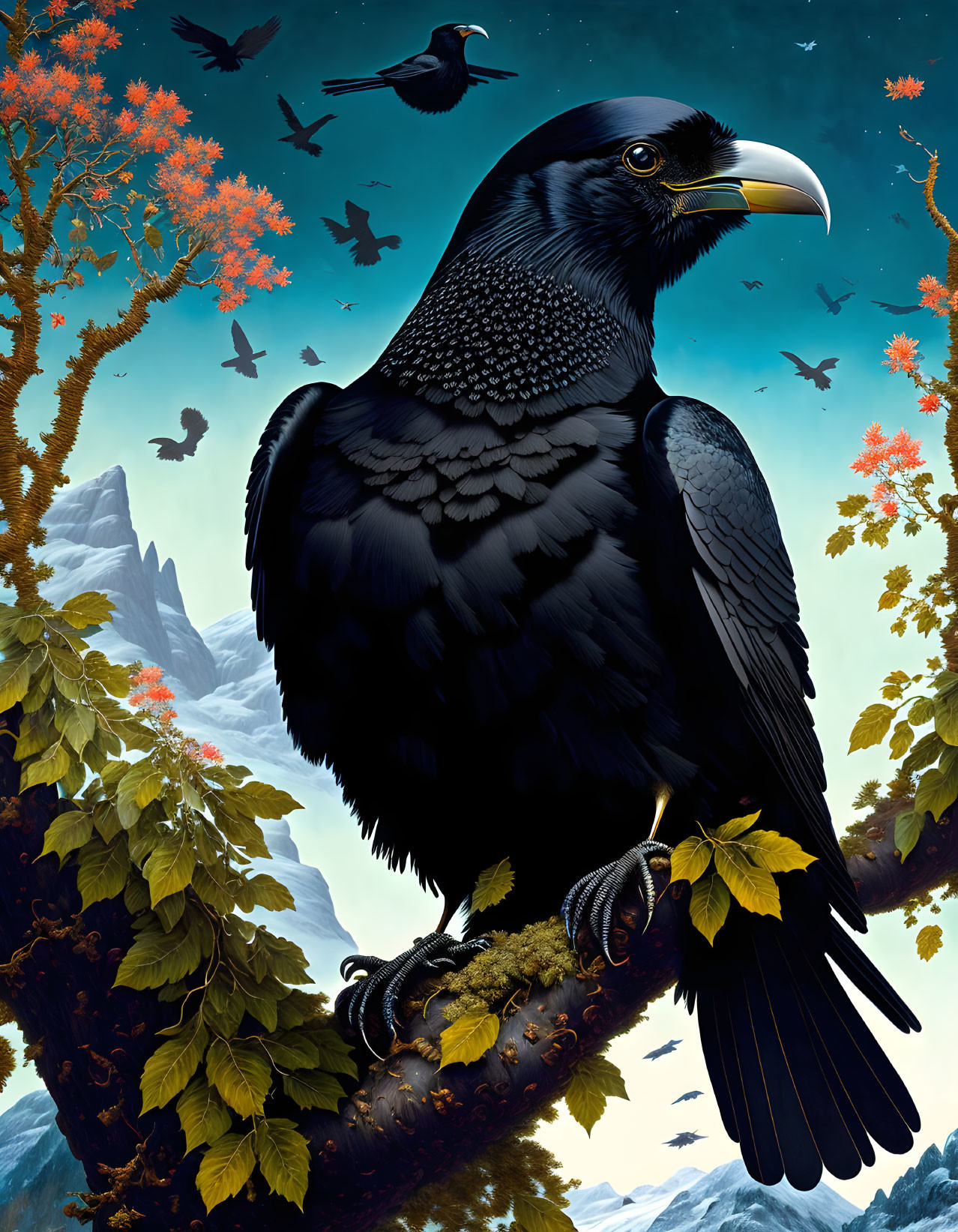 Detailed illustration of black crow on branch with vibrant foliage against mountain backdrop.