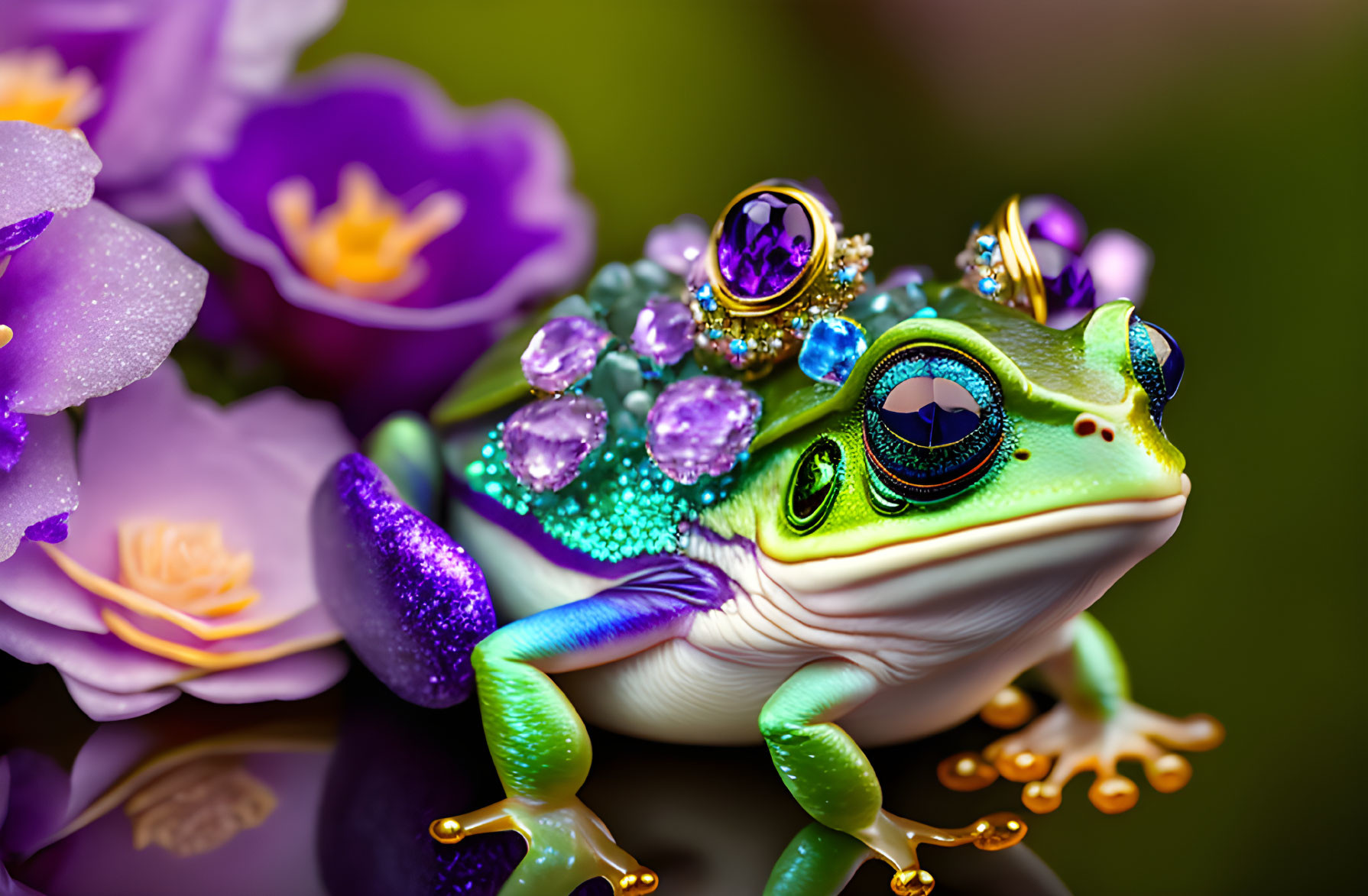 Colorful frog with gemstones and crown among purple flowers on reflective surface