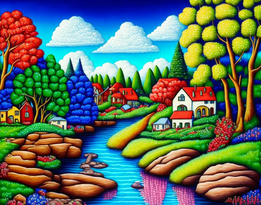 Colorful Landscape with Whimsical Trees, River, and Quaint Houses
