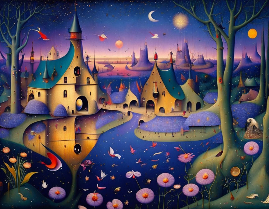 Vibrant, colorful starry night scene with castles, river, and celestial elements