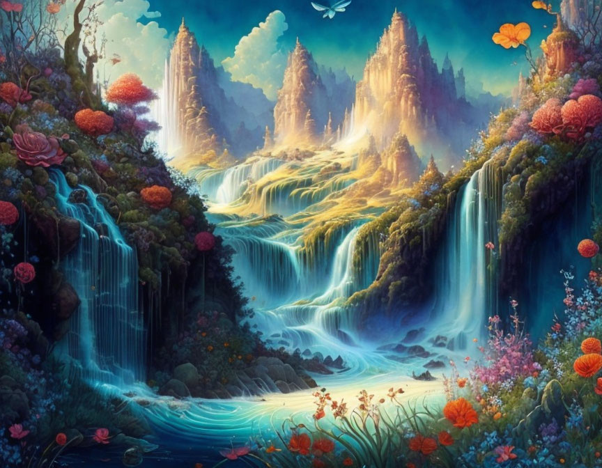 Colorful fantasy landscape with waterfalls, greenery, flowers, floating islands.