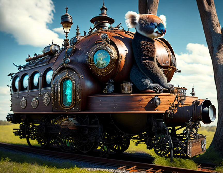 Koala on Steampunk Train in Fantasy Landscape