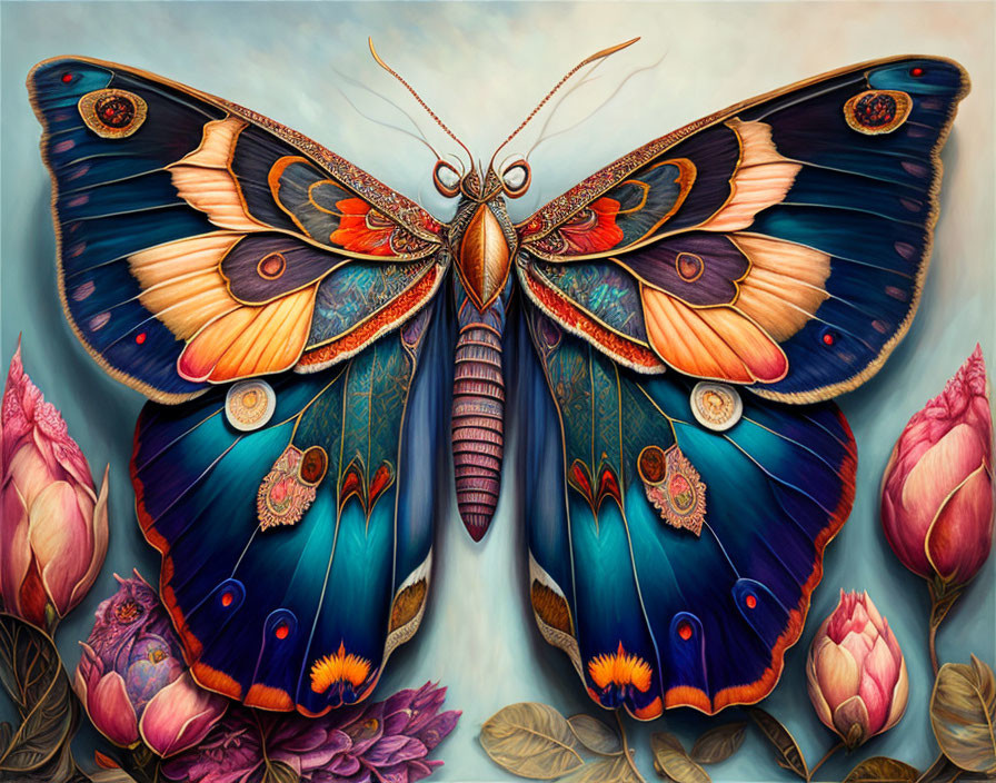 Colorful Butterfly Illustration with Jewel-like Embellishments and Floral Background