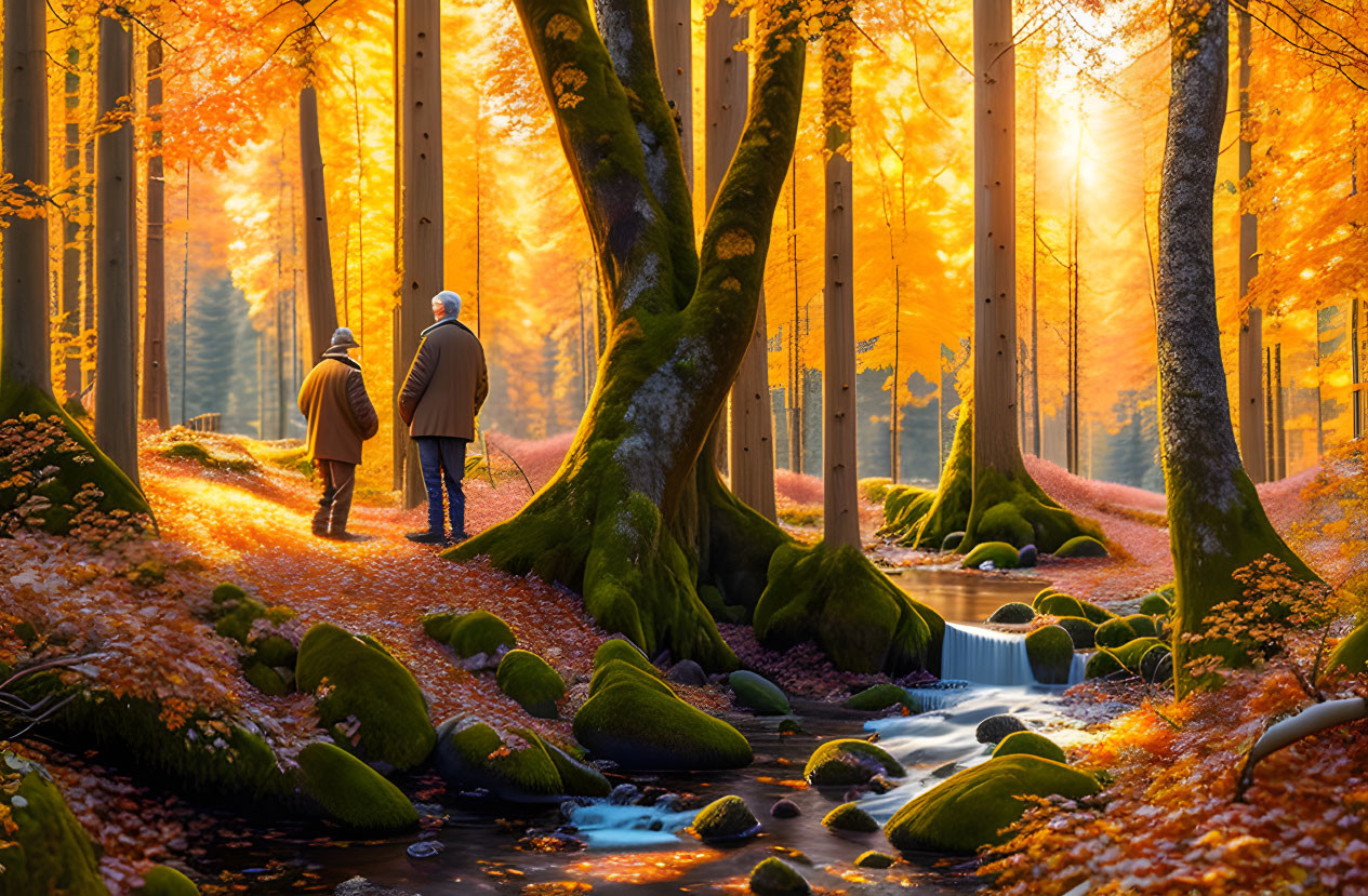 Autumnal forest scene with two individuals walking, sunlight, stream, rocks, and fallen leaves