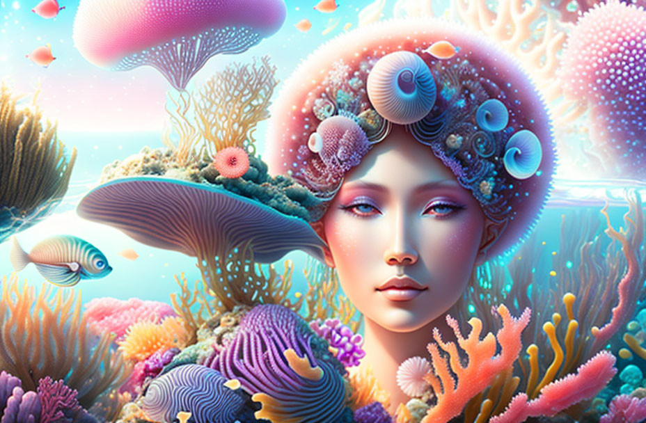 Surreal portrait blending woman's face with coral reef elements and sea creatures