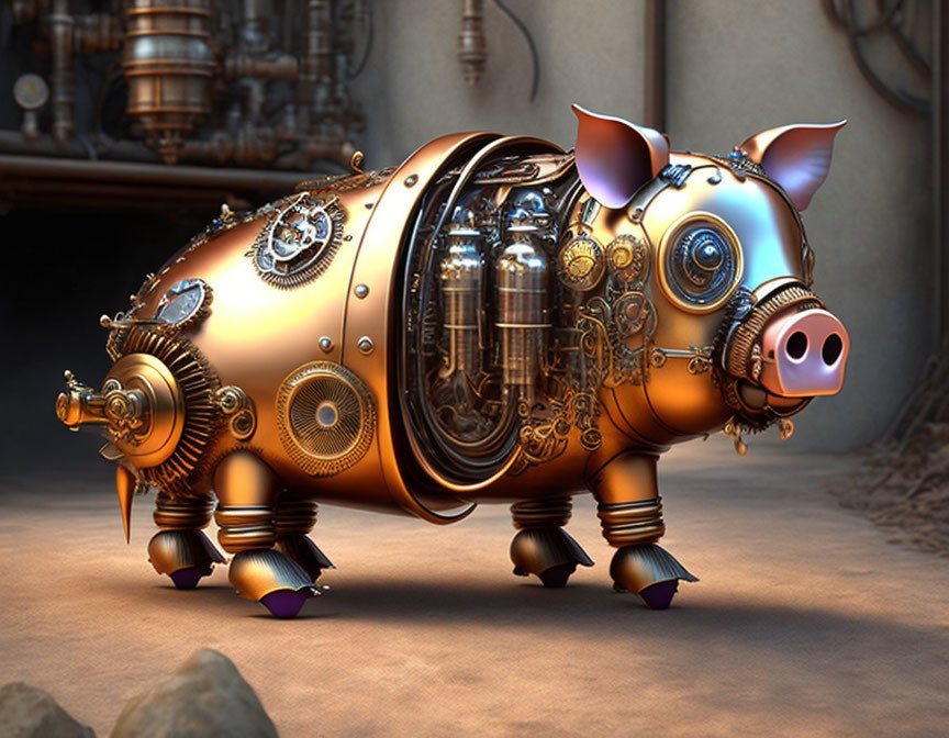 Steampunk-style mechanical pig with intricate gears and brass details
