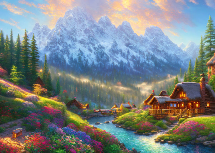 Picturesque mountain village with cozy cottages, flower gardens, river, and misty peaks
