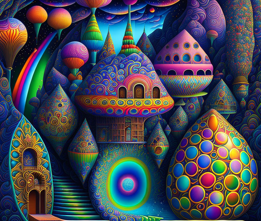 Colorful psychedelic fantasy landscape with mushroom-like structures and rainbow arches