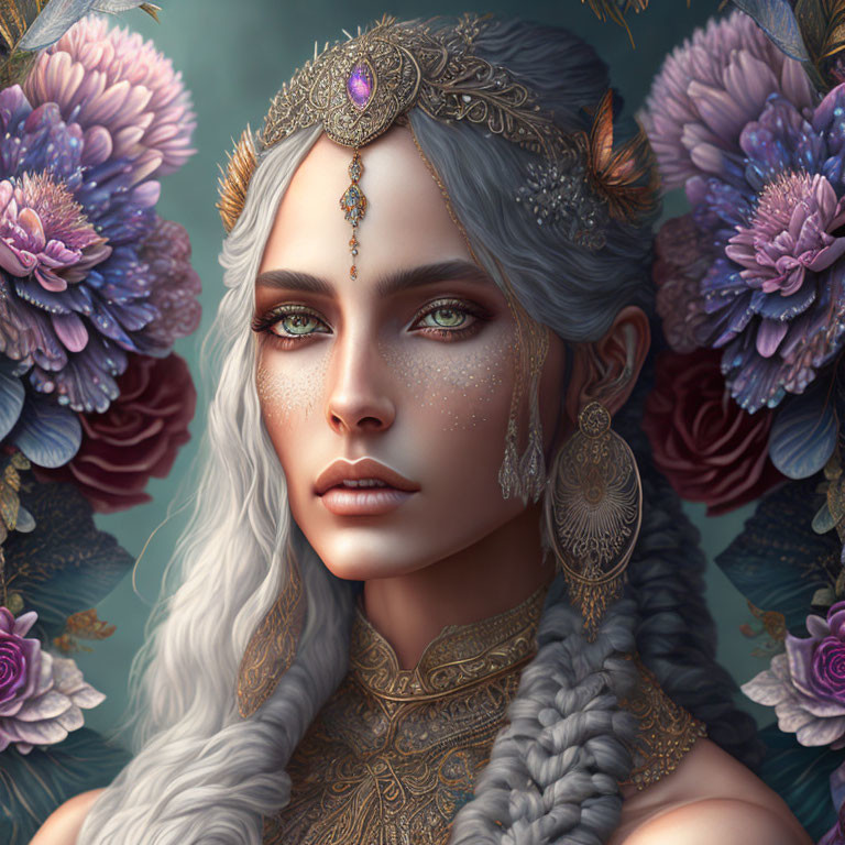Portrait of woman with silver hair, freckles, golden jewelry, and purple flowers.