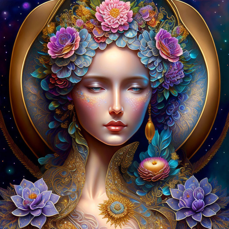 Illustration of woman with closed eyes, halo of flowers, cosmic background