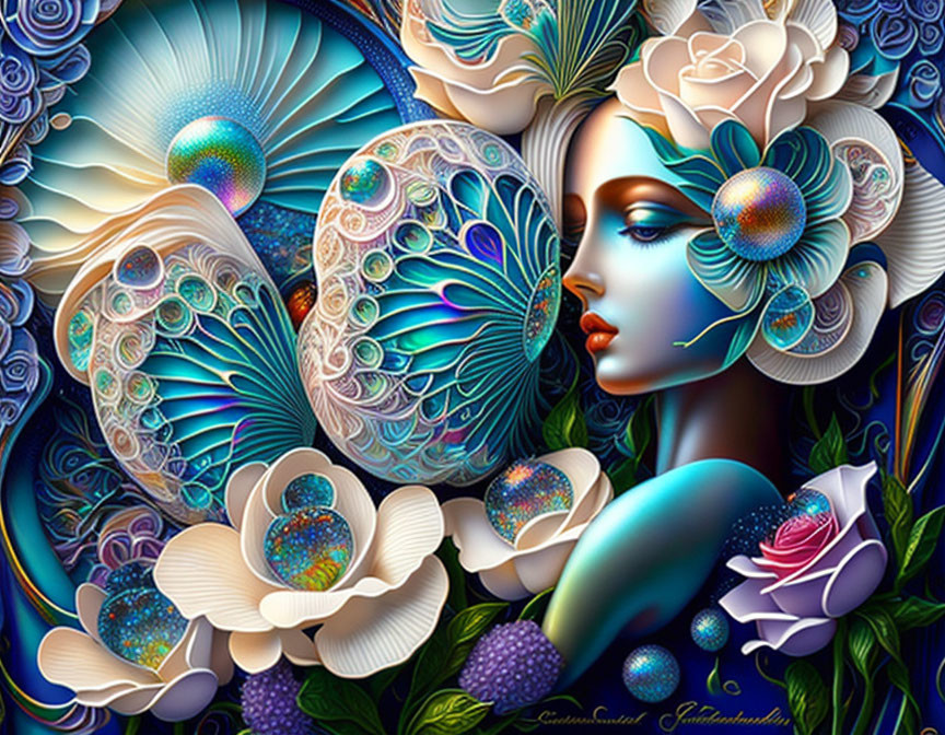 Colorful Artwork: Woman with Peacock Feathers and Floral Decorations