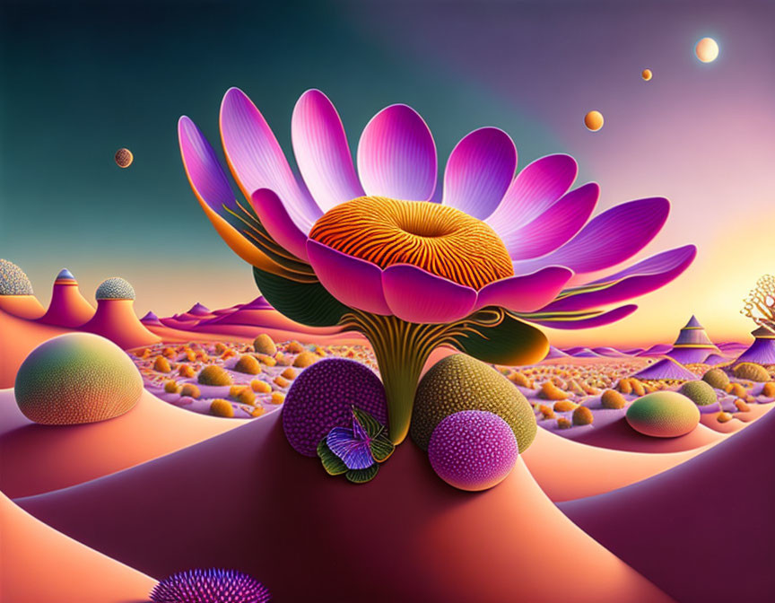 Colorful Flower in Surreal Landscape with Smooth Shapes and Twilight Sky