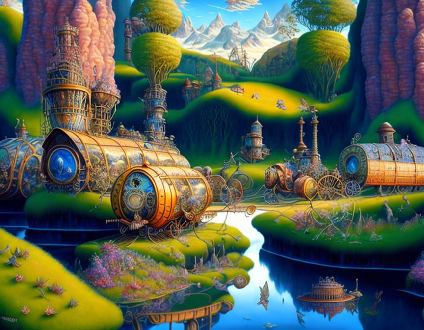 Whimsical steam train in fantastical landscape with ornate carriages