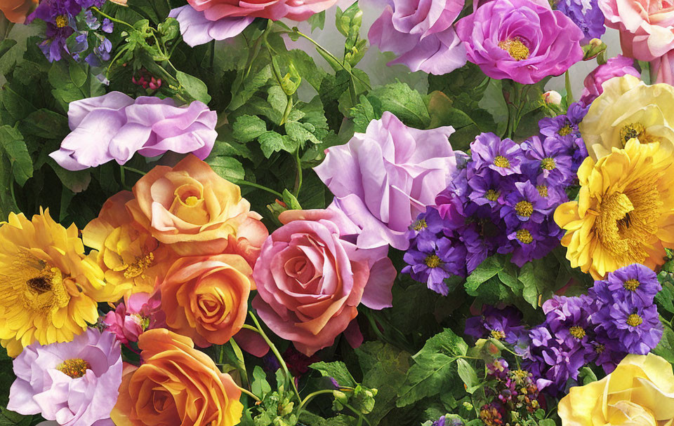 Colorful Flower Arrangement with Pink Roses, Yellow Blooms, and Purple Petals