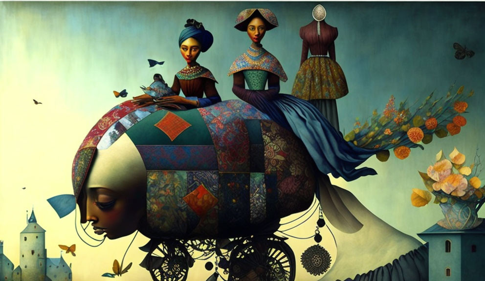 Two women in vintage dresses on surreal head with patchwork skin, butterflies, flowers, and distant castle