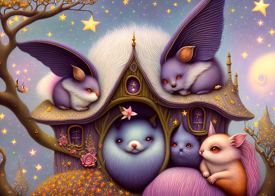 Whimsical treehouse illustration with furry purple creatures under starry sky