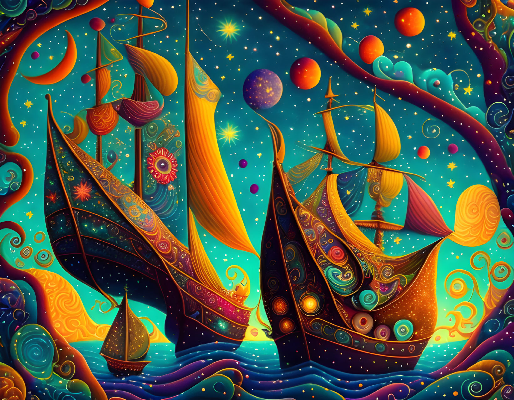 Surrealistische boten op het water.