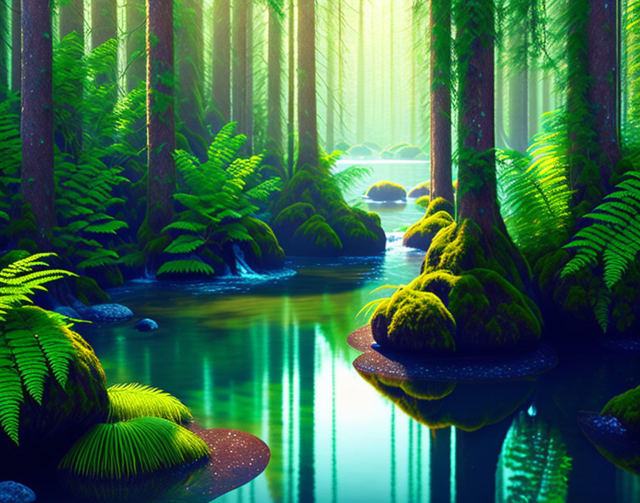 Lush forest landscape with green ferns, mossy stones, blue stream, and sunlit trees