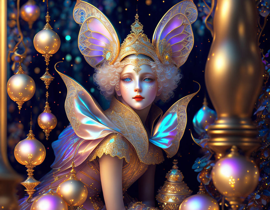 Illustration of ethereal being with butterfly wings and golden attire