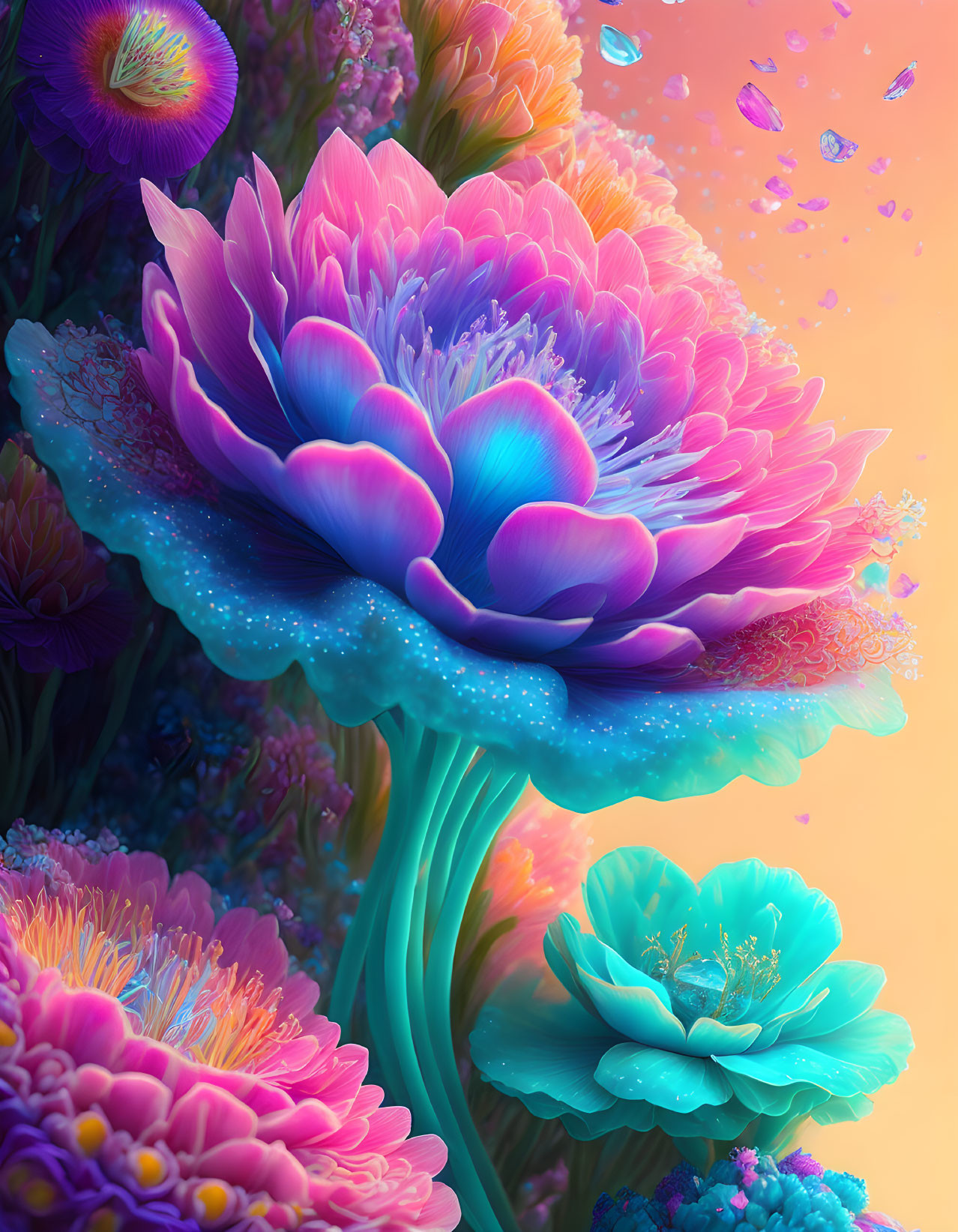 Colorful Stylized Flower Digital Artwork with Glowing Edges