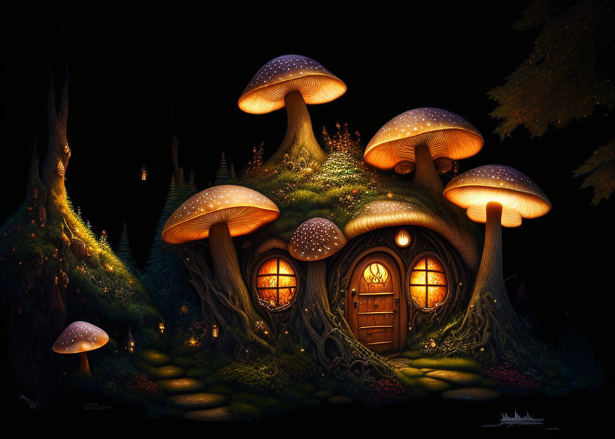Huisje verscholen onder de paddenstoelen 