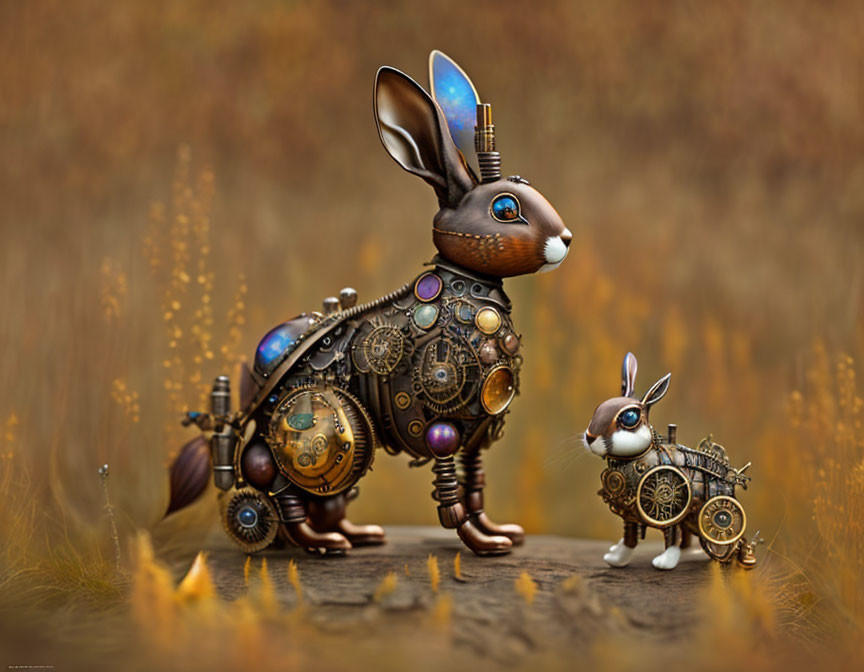 Intricately designed steampunk-style mechanical rabbits on warm grass backdrop