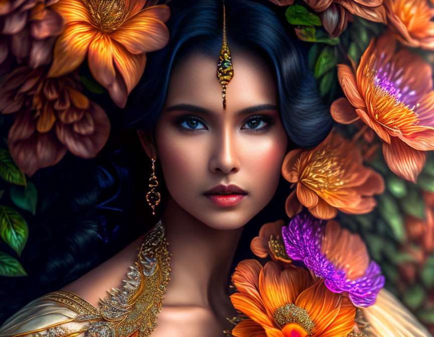 Mooie vrouw met bloemen om haar hoofd