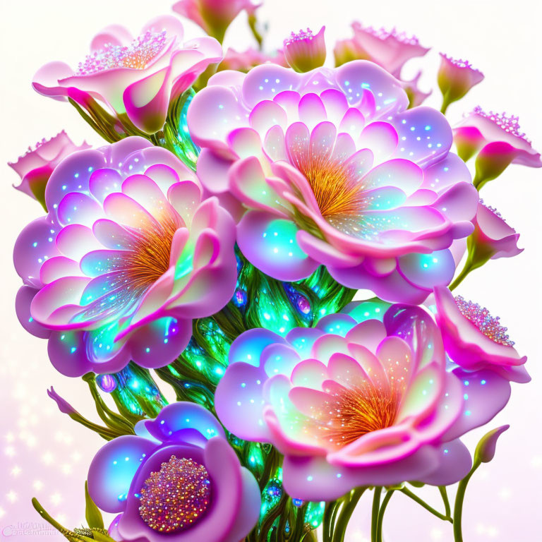Surreal neon pink and blue flower art on soft background