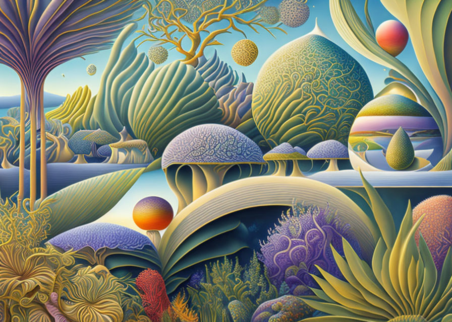Vibrant surreal landscape with coral and mushroom-like forms in warm and cool colors