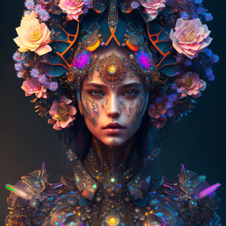 Digital artwork of female figure with intricate headdress & facial details